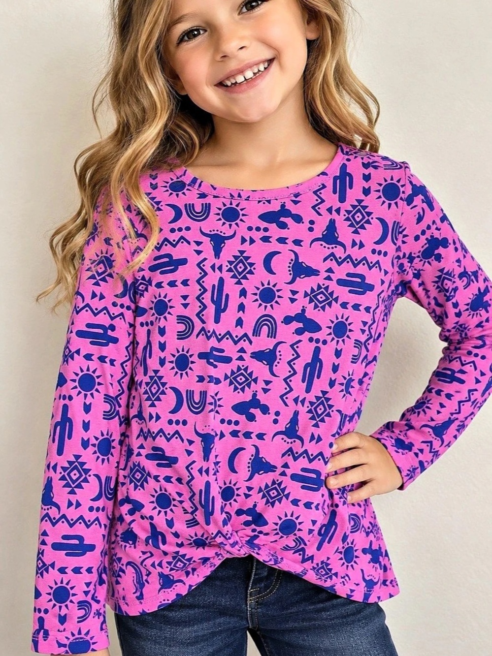Wrangler Girls L/G Pink Southwestern Print Long Sleeve Top